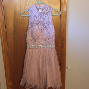 pink lace halter homecoming dress